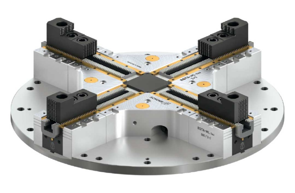 De 4-klauw compensatie klauwplaat ROTA-ML flex 2+2 is tot 40 procent lichter dan de vorige versie, maar des te sterker. Het vlakke ontwerp maakt het mogelijk om grotere en zwaardere werkstukken betrouwbaar te verwerken.