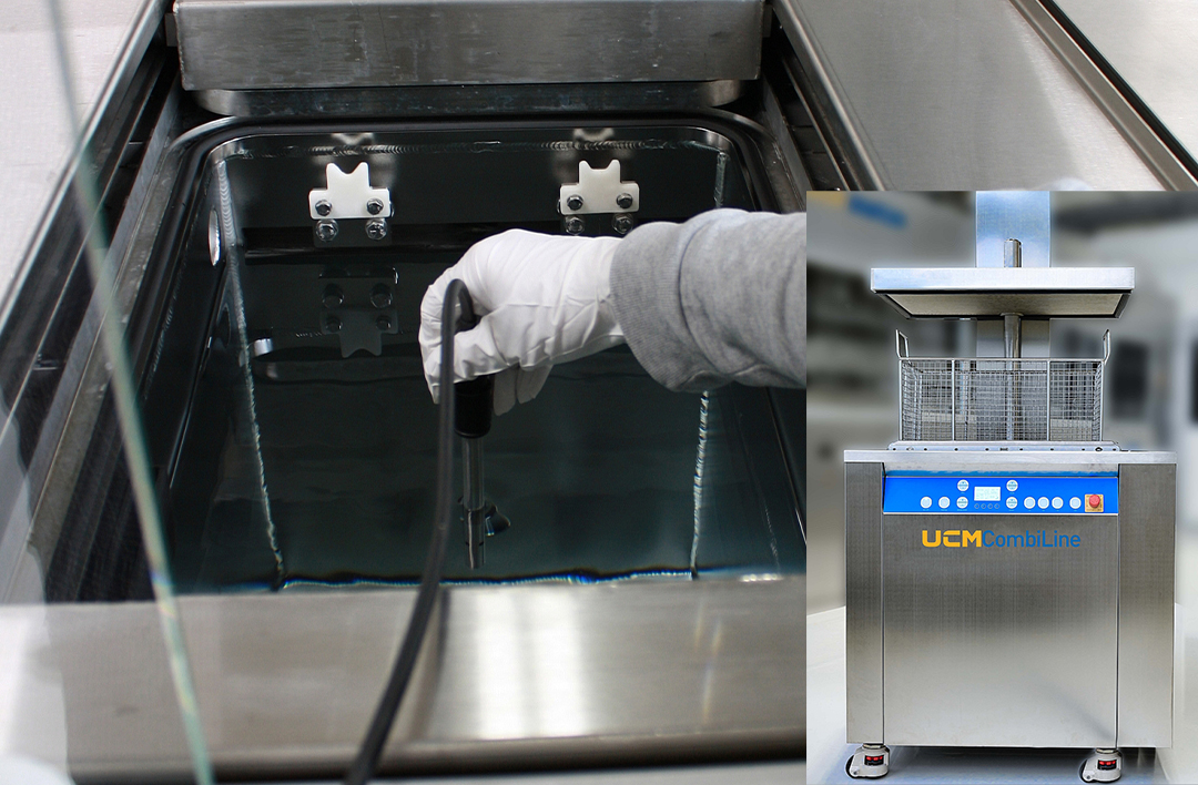 Het gebruik van APM-technologie wordt live gedemonstreerd op het UCMCombiLine modulaire ultrasoon reinigingssysteem voor handmatige werkstations. (foto’s: Ecoclean)