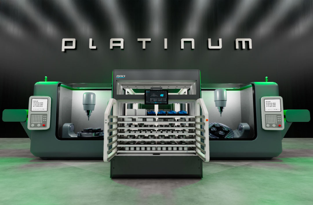 De BMO Platinum serie automatiseert twee CNC-machines in Multi-Batch productie, wat de investering per machine halveert.